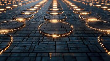 futuristic digital landscape with glowing circular nodes and grids photo