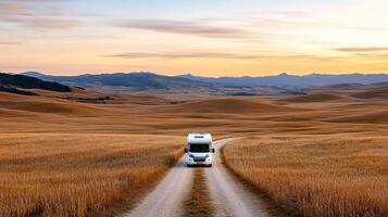 scenic road leads through golden fields with camper van at sunset photo