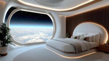 luxurious space hotel suite with panoramic views of Earth and stars photo