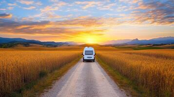 van driving on winding road through golden fields at sunset photo