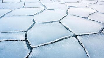 Cracked ice forms intricate patterns on frozen surface, showcasing nature beauty photo