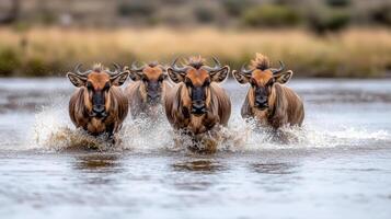 Majestic wildebeests running through water during migration, creating splashes photo