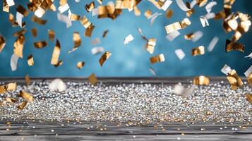 Sparkling glitter and confetti falling on wooden surface, creating festive atmosphere photo