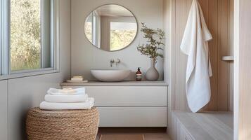 Minimalist bathroom design with clever storage and natural elements photo