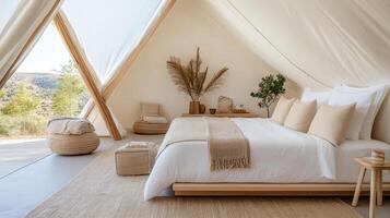 minimalist glamping tent interior with neutral tones and natural decor photo