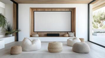 Minimalist home theater with projector screen and cozy seating area photo
