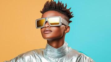 minimalist photoshoot featuring futuristic sunglasses and stylish attire photo