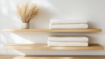 Minimalist wardrobe setup with neutral toned towels and decorative plant photo