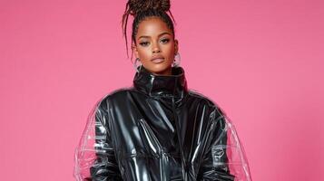 model in futuristic trench coat with transparent sleeves poses confidently photo