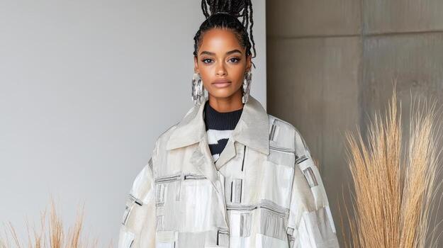 model in stylish trench coat with unique patterns and textures photo