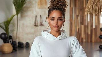 model wearing stylish athleisure outfit in modern gym setting photo