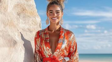 Model in vibrant red kimono style dress by beach, radiating joy photo