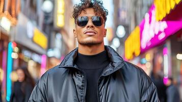 stylish man wearing sunglasses and black puffer jacket in vibrant city street photo