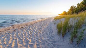 serene morning walk along sandy beach with gentle waves and sunlight photo