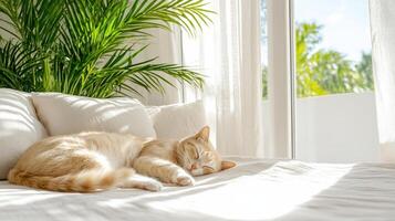 pair of cats lounging by sunny window with soft curtains creates serene atmosphere photo