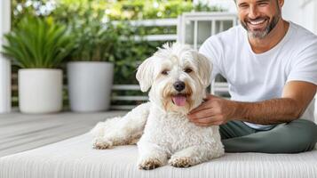 man gently petting his happy dog on sunny porch, enjoying quality time together photo