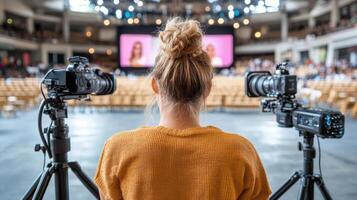 person live streaming with professional lighting in large venue photo