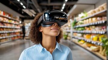 person using augmented reality glasses while shopping in grocery store photo