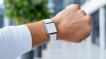 person wearing smartwatch on their wrist in outdoor setting photo