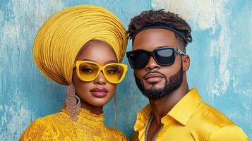 Stylish couple in vibrant yellow outfits with modern accessories photo