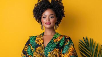 confident model in vibrant, colorful dress poses against bright yellow background photo