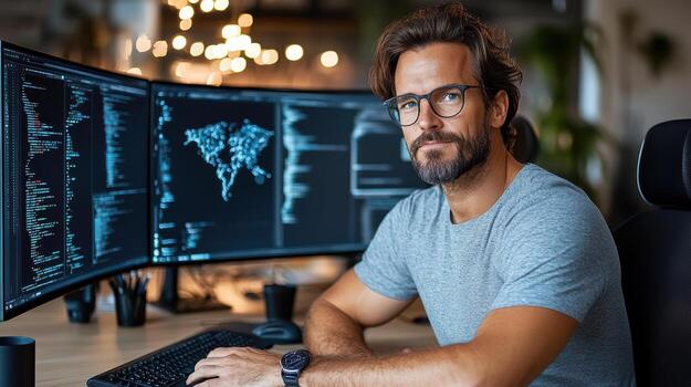 professional digital artist working on multiple screens in modern workspace photo