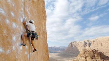 professional rock climber scaling steep cliff in scenic landscape photo
