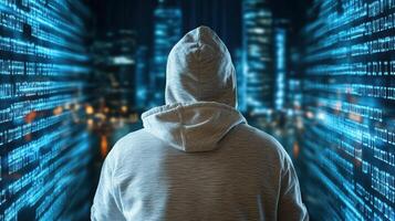 hooded figure stands against backdrop of glowing binary code, symbolizing cybersecurity photo