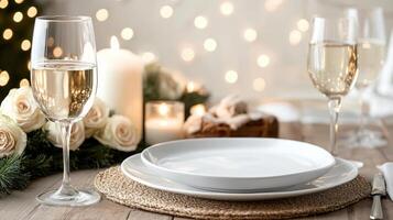 romantic dinner table setup with elegant glassware and candles photo