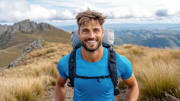 smiling man with backpack hiking on mountain trail, enjoying nature photo