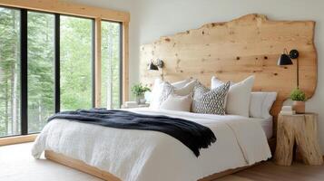 rustic bedroom featuring wooden headboard, linen sheets, and large windows photo