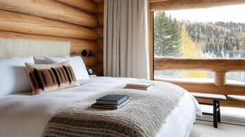 Cozy rustic cabin interior with comfortable bed and scenic view photo