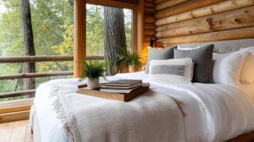 Cozy rustic cabin bedroom with blankets, books, and nature view photo