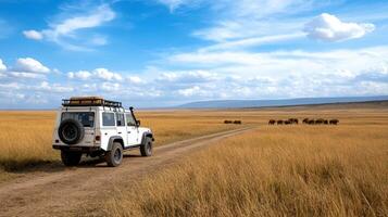 safari jeep parked on dirt road, observing elephants in distance photo
