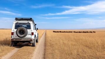 safari jeep parked on dirt road, observing herd of elephants in distance photo