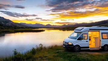 scenic road trip view with campervan parked by tranquil lake at sunset photo