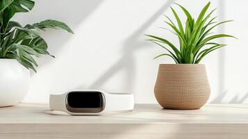 sleek wristband style tracker on wooden surface beside plant photo
