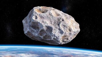 massive asteroid hovering above Earth, showcasing its rocky surface and craters photo