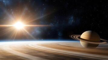 spacecraft flying near rings of Saturn, illuminated by sunlight photo