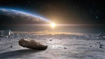 spacecraft hovers near massive asteroid in distant galaxy, illuminated by bright sun photo