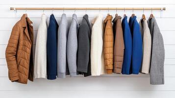 Stylish collection of jackets hanging on rack in various colors and styles photo
