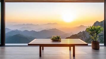 serene sunrise view of mountains with mist from modern interior photo