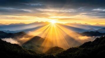 breathtaking sunrise over mountain range with misty valleys photo