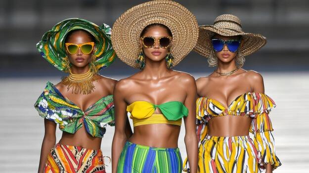 Vibrant swimwear on summer runway with bold patterns and accessories photo