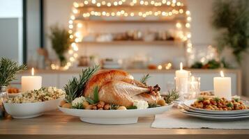 festive Thanksgiving dinner table featuring roasted turkey, surrounded by delicious side dishes photo