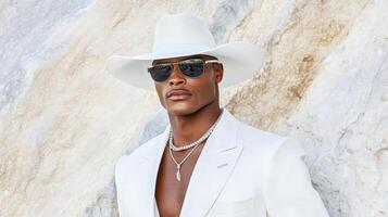 stylish man in white suit and hat, exuding confidence and elegance photo