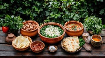Traditional outdoor cooking scene with clay pots and fresh ingredients photo