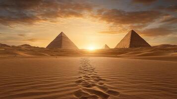 vast desert with towering pyramids at sunset, creating serene atmosphere photo