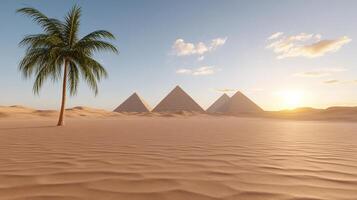 vast desert with towering pyramids and palm tree at sunset photo