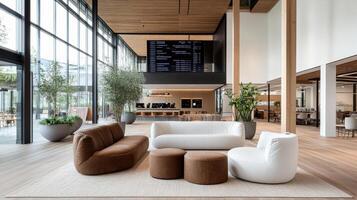 modern lounge area in innovation hub featuring stylish furniture and greenery photo